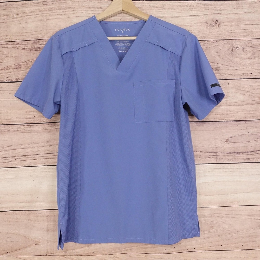 Jaanuu Scrubs Top Small Blue V-Neck Mesh Panel Chest Pocket Stretch